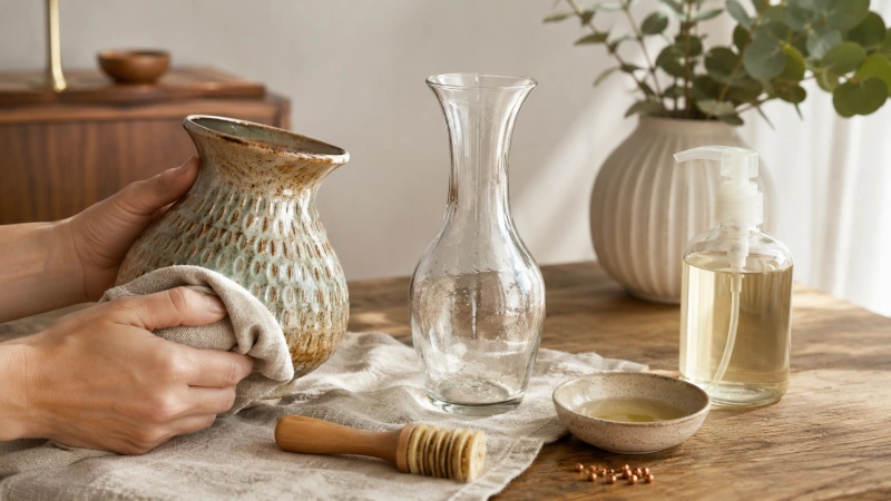 Vintage pottery and glass being cleaned with a soft cloth, brush, eucalyptus oil and small copper cleaning beads.