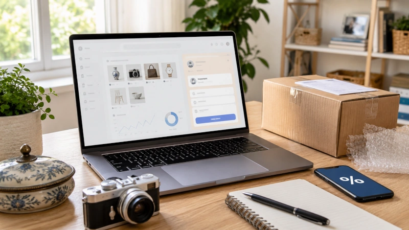 Laptop showing a seller offer screen beside a parcel and listed items, representing eBay offers to interested buyers.