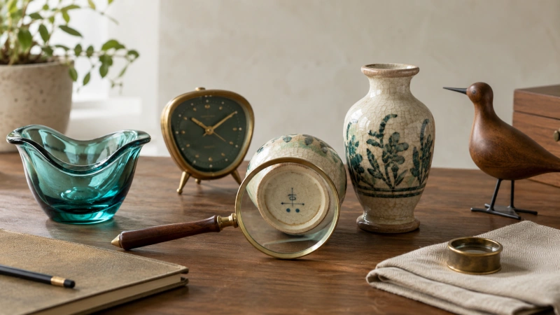 Vintage and collectible items being compared with a magnifying glass to check maker marks, authenticity, and possible reproductions.